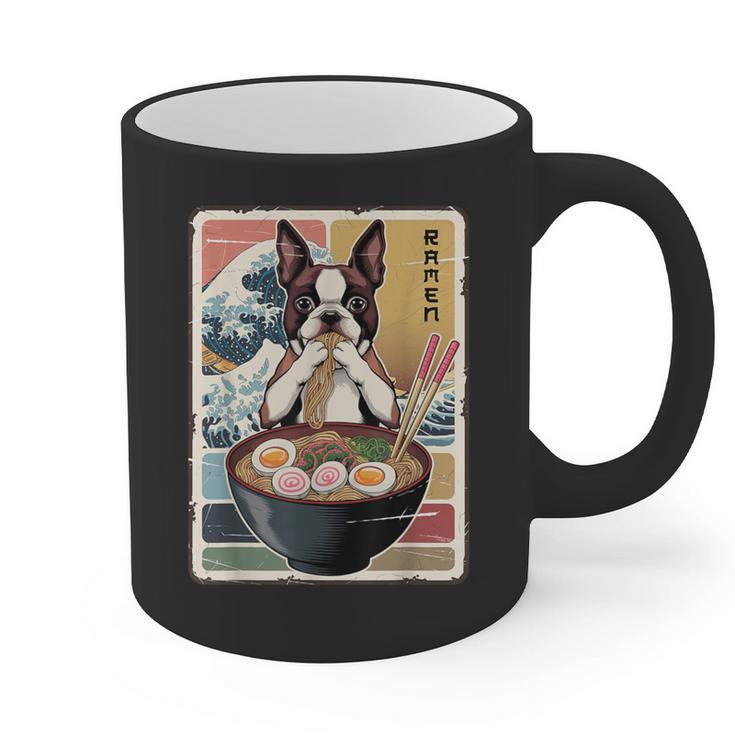 Boston Terrier Ramen Noodles Japanese Art Retro Ocean Waves Graphic Print Coffee Mug, trending gift