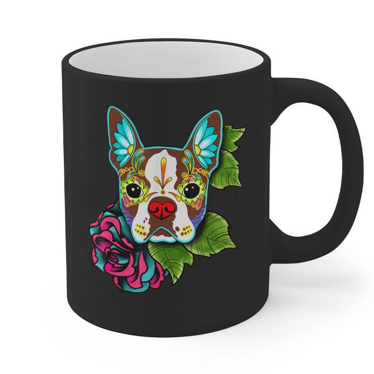 Boston Terrier In Red Day Of The Dead Sugar Skull Dog Graphic Print Coffee Mug