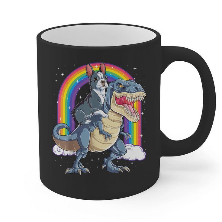 Boston Terrier Riding Dinosaur T-Rex Boys Kids Rainbow Graphic Print Coffee Mug