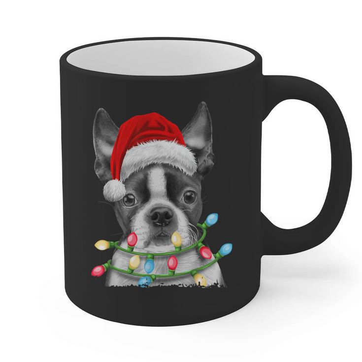 Boston Terrier Santa Christmas Tree Lights Xmas Boys Men Dog Graphic Print Coffee Mug