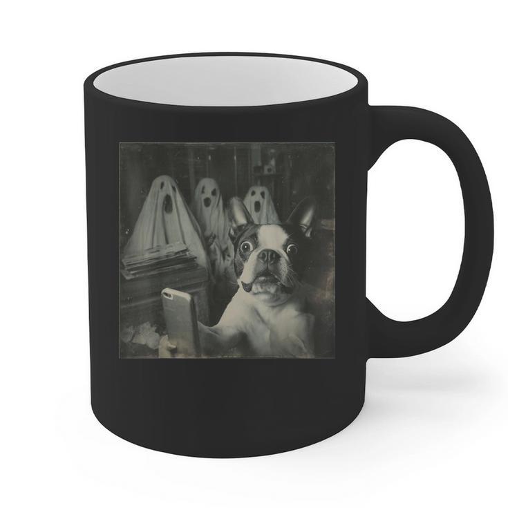 Boston Terrier Selfie With Ghosts Halloween Dog Lover Graphic Print Coffee Mug