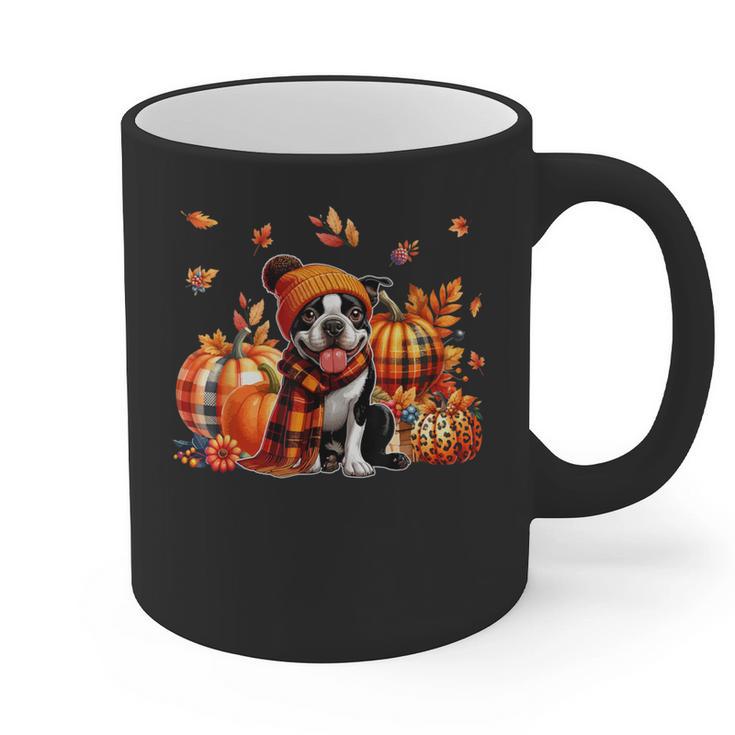 Boston Terrier Thanksgiving Leopard Pumpkins Fall Leaves Graphic Print Coffee Mug