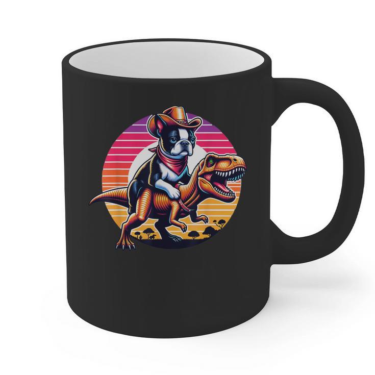 Boston Terrier Wearing A Cowboy Hat On T-Rex Graphic Print Coffee Mug