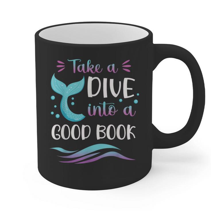Cute Mermaid Librarian Teacher Dive Into A Good Book Reading Graphic Print Coffee Mug