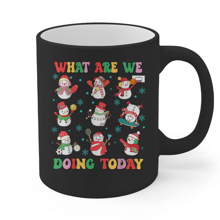 What Are We Doing Today PE Teacher Snowman Christmas Graphic Print Coffee Mug