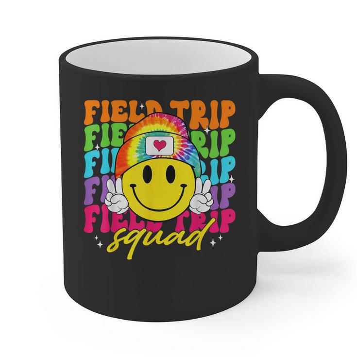 Field Trip Squad Groovy Field Day Smile Face Teacher Tie Dye Graphic Print Coffee Mug