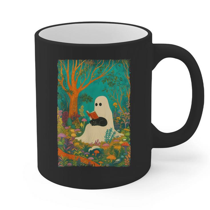 Groovy Ghost Reading Book Cat Halloween Ghost Teacher Graphic Print Coffee Mug