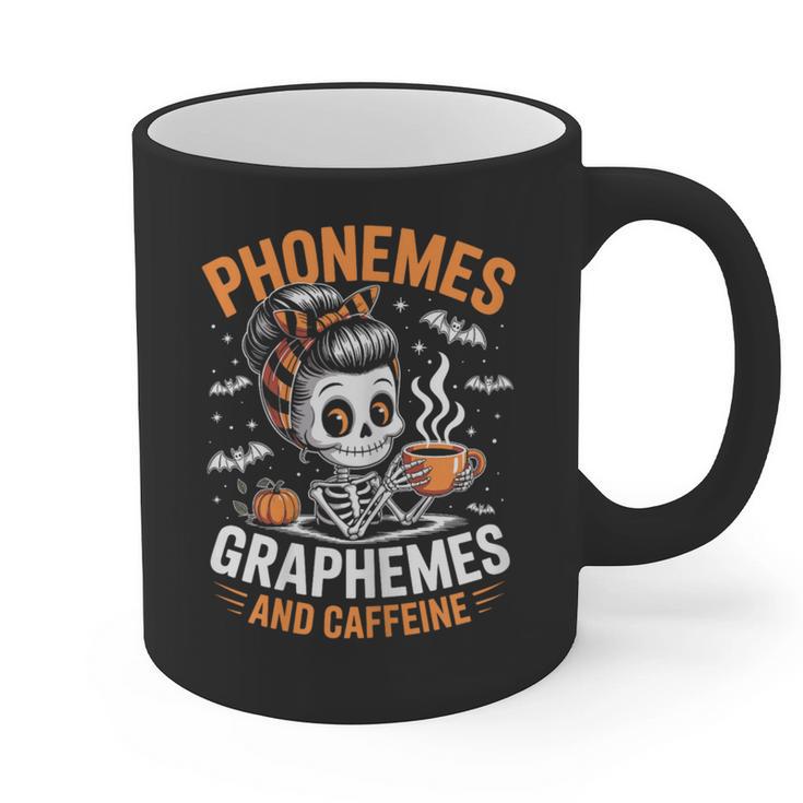 Halloween Skeleton Teacher Phonemes Graphemes Caffeine Lover Graphic Print Coffee Mug