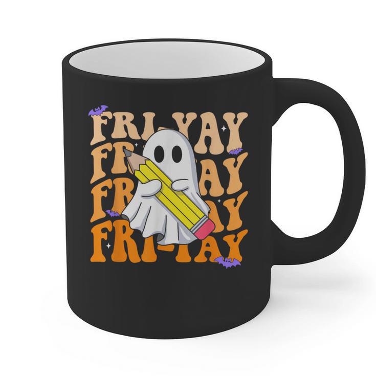 Happy Fri-Yay Friday Lovers Groovy Teacher Life Halloween Graphic Print Coffee Mug
