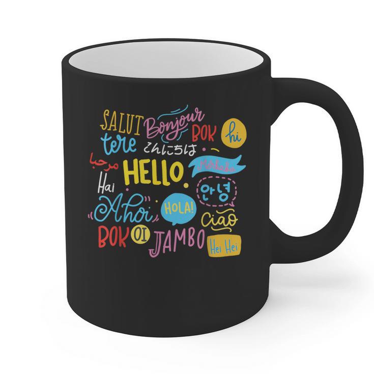 Hello Word In Different Languages Travel And Teacher Lover Graphic Print Coffee Mug