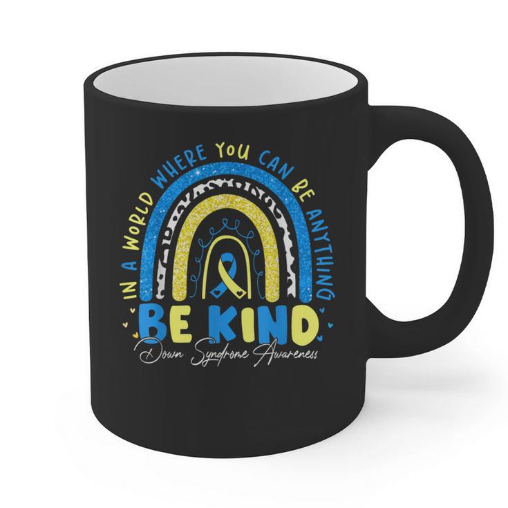 Be Kind Rainbow Down Syndrome Awareness Teacher Blue Yellow Graphic Print Coffee Mug