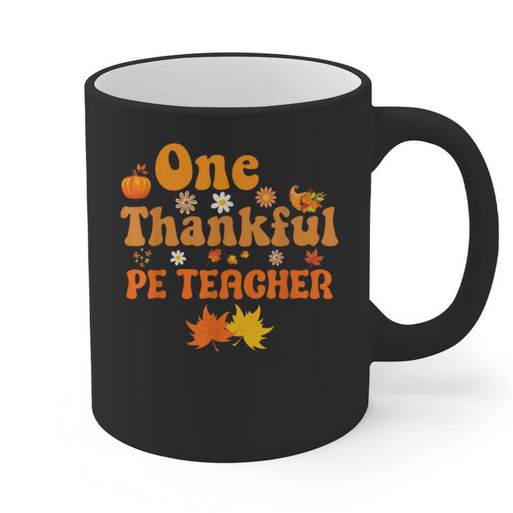 One Thankful PE Teacher Thanksgiving Fall Autumn Groovy Graphic Print Coffee Mug