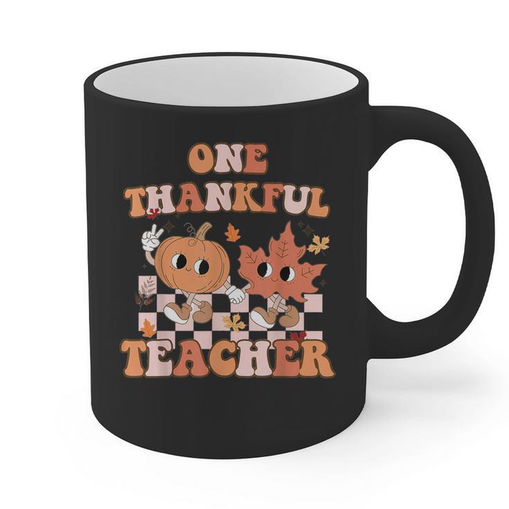 One Thankful Teacher Fall Leaves Thanksgiving Retro Graphic Print Coffee Mug