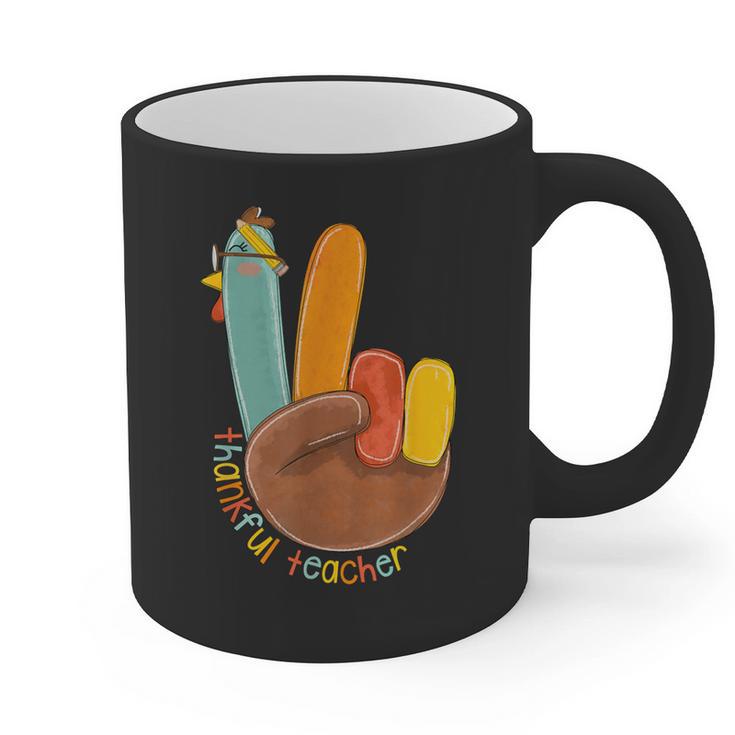 One Thankful Teacher Thanksgiving Turkey Peace Hand Sign Graphic Print Coffee Mug