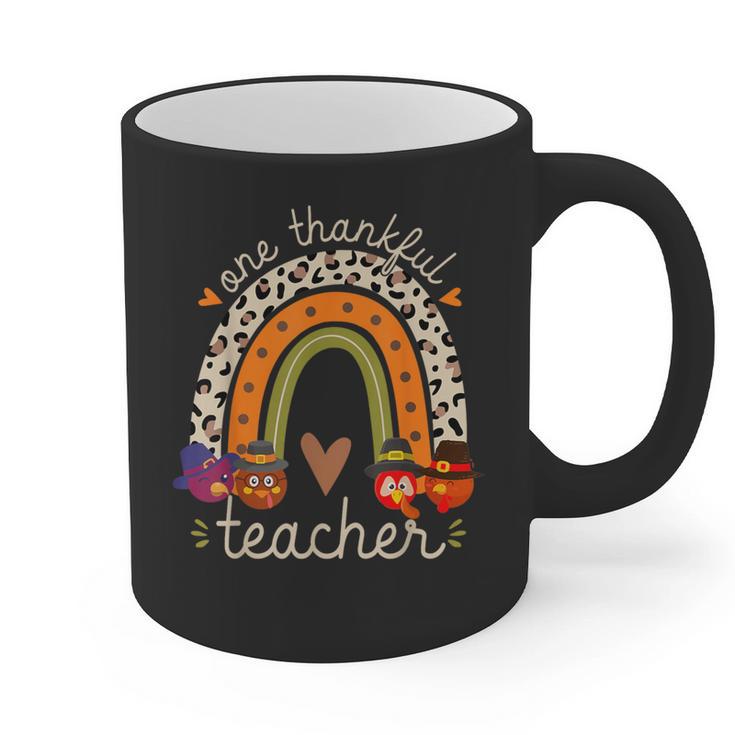 One Thankful Teacher Thanksgiving Turkey Rainbow Fall Graphic Print Coffee Mug