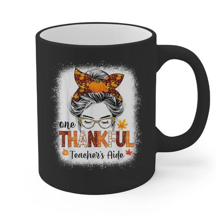 One Thankful Teacher's Aide Messy Bun Thanksgiving Fall Graphic Print Coffee Mug