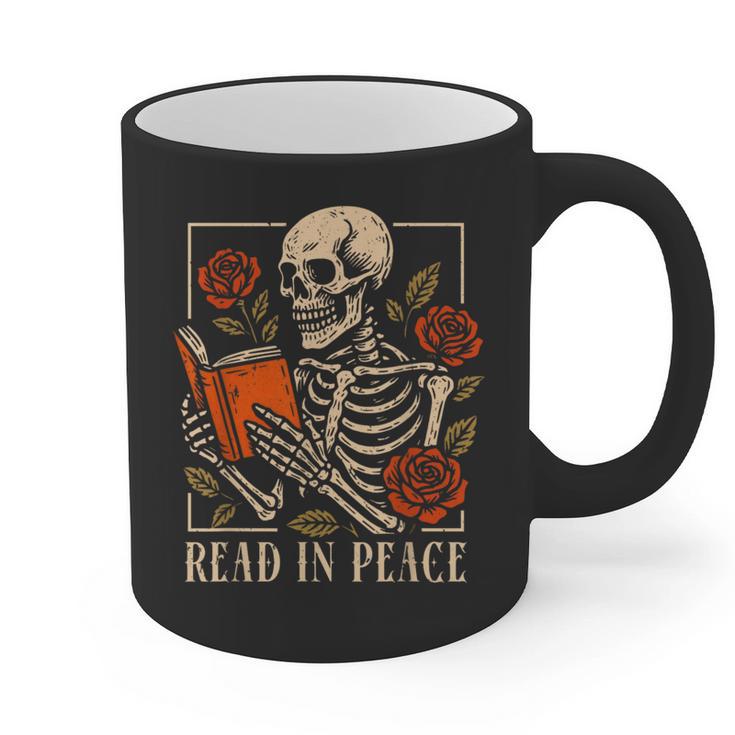 Read In Peace Skeleton Reading Book Halloween Teacher Graphic Print Coffee Mug