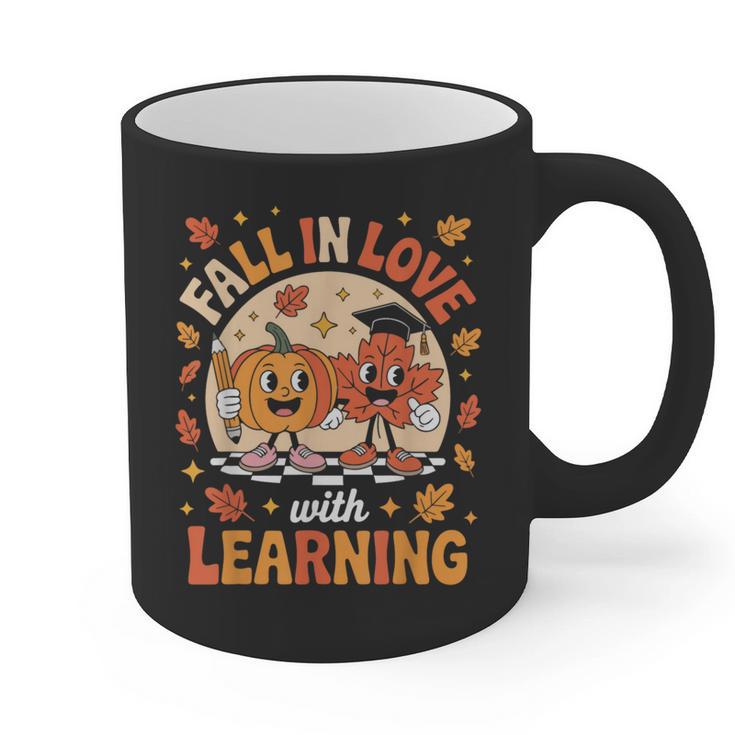 Retro Fall In Love With Learning Pumpkin Leaf Teacher Autumn Graphic Print Coffee Mug