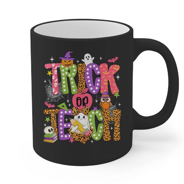 Retro Trick Or Teach Leopard Ghost Halloween Spooky Teacher Graphic Print Coffee Mug