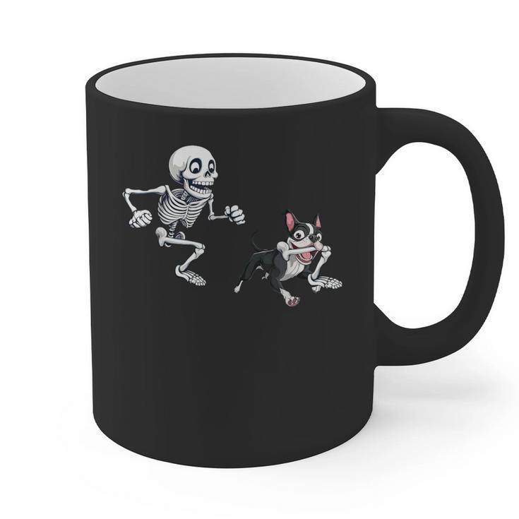Skeleton Chasing Dog Boston Terrier Halloween Pet Lover Graphic Print Coffee Mug