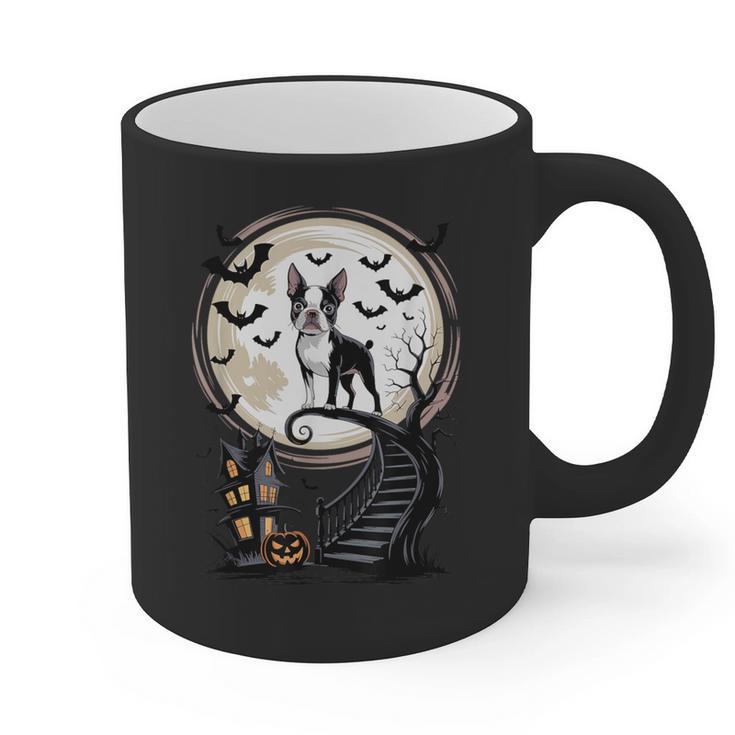 Spooky Halloween Moon Boston Terrier Boston Bull Bostie Graphic Print Coffee Mug, Boston Terrier Halloween Gifts, trending gift