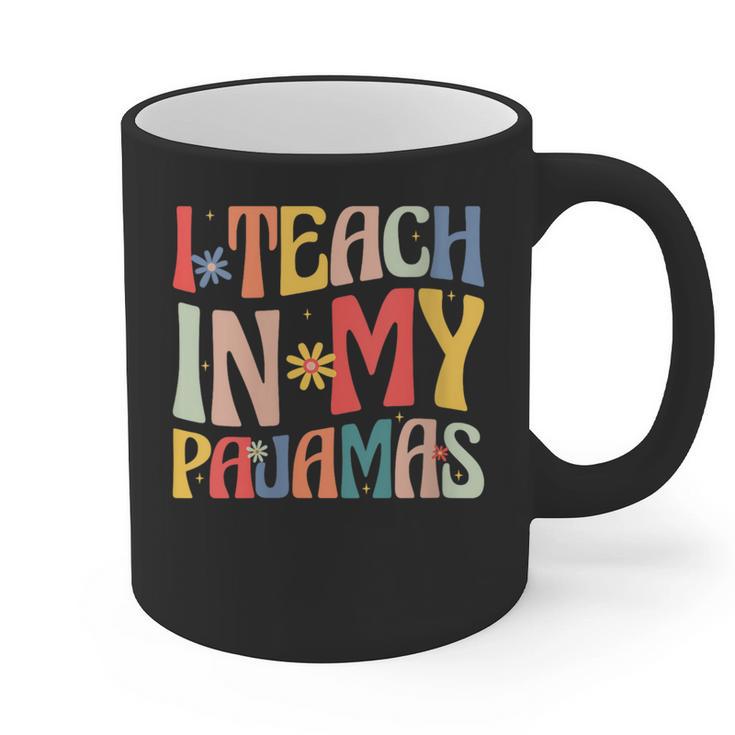 I Teach In My Pajamas Retro Groovy Teacher Humor Graphic Print Coffee Mug