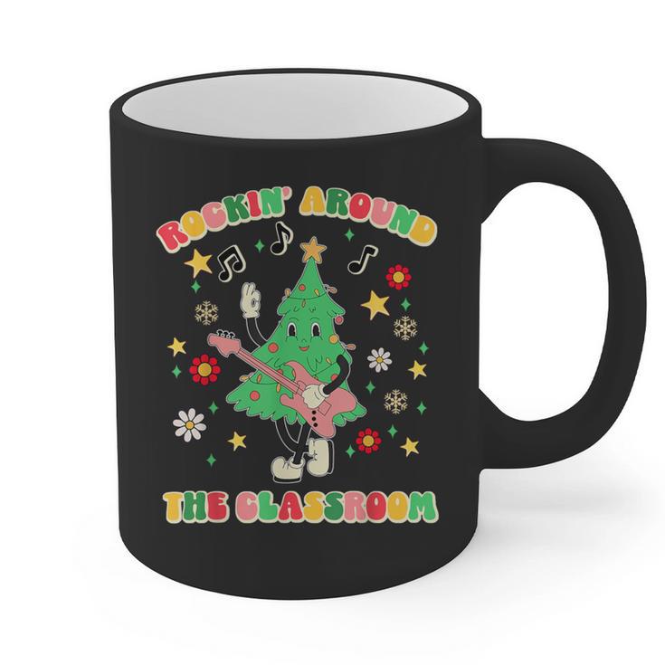 Teacher Christmas Shirts Pajama Matching Rockin' Around The Classroom -Adult Short Sleeve Small Modern Festive Christmas Teacher Xmas Vibes T-Shirt Graphic Print Coffee Mug