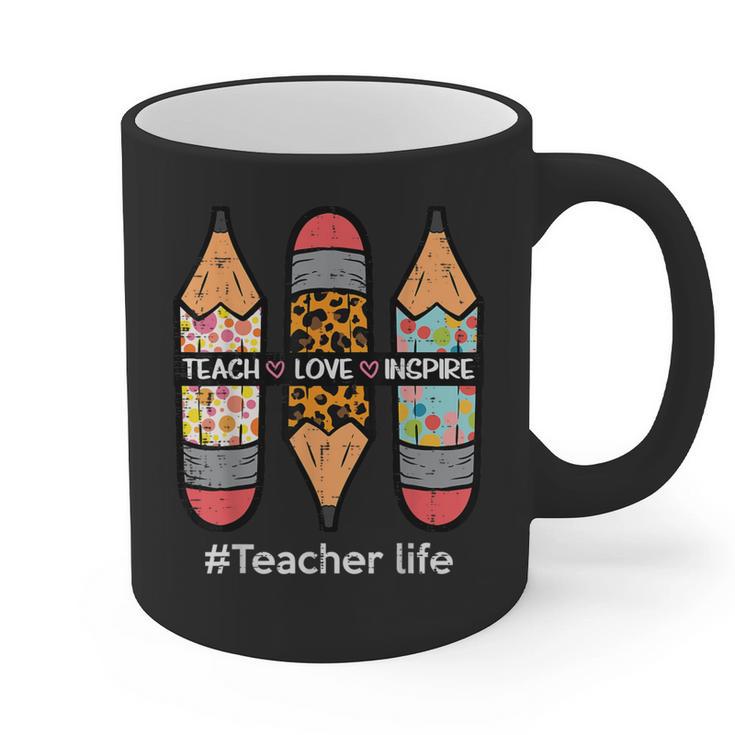 Teacher Life Teach Love Inspire Pencils Inspirational Women Graphic Print Coffee Mug