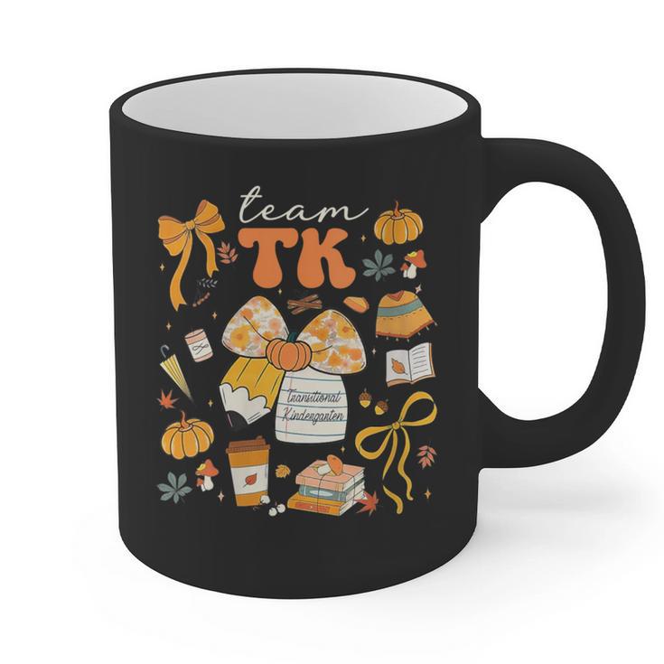 Team TK Crew Preppy Coquette Bow Pumpkin Fall TK Teacher Graphic Print Coffee Mug