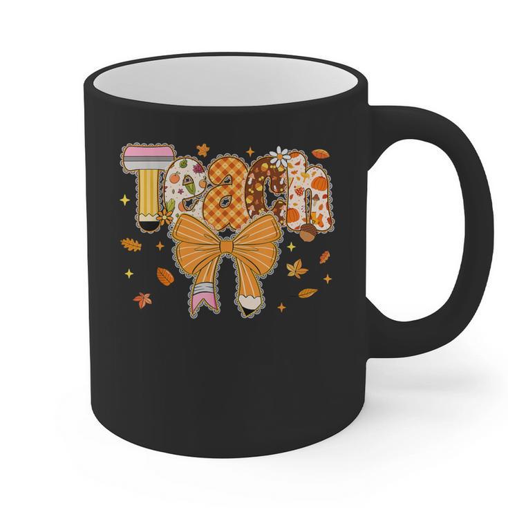 Thanksgiving Teacher Pencil Bow One Thankful Teacher Fall Graphic Print Coffee Mug