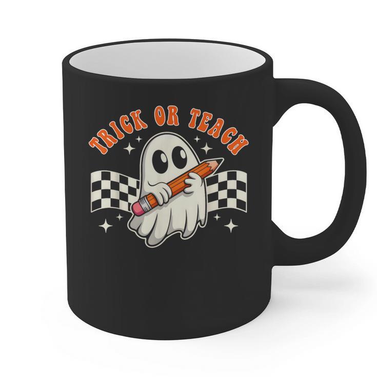 Trick Or Teach Groovy Retro Ghost Halloween Teacher Kids Graphic Print Coffee Mug