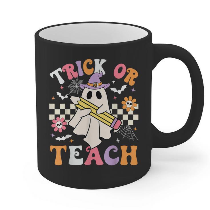 Trick Or Teach Groovy Teacher Halloween Retro Teacher Ghost Graphic Print Coffee Mug