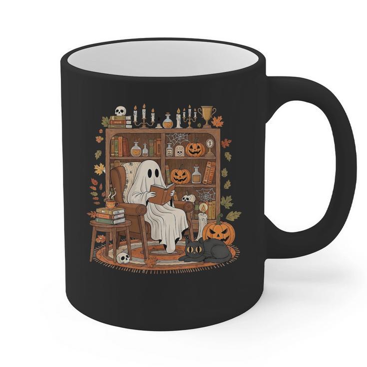 Vintage Ghost Book Reading Pumpkin Gothic Halloween Teachers Graphic Print Coffee Mug