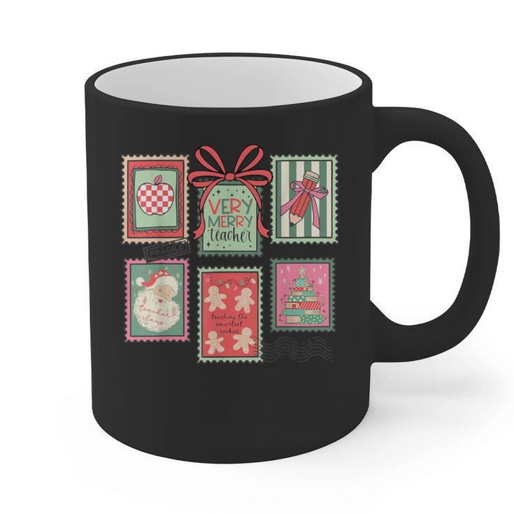 Vintage Preppy Very Merry Teacher Santa Stamps Christmas Graphic Print Coffee Mug