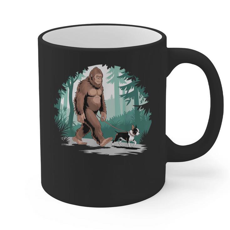 Whimsical Forest Adventures Sasquatch Bigfoot Walking Boston Terrier Dog Lovers Graphic Print Coffee Mug, trending gift