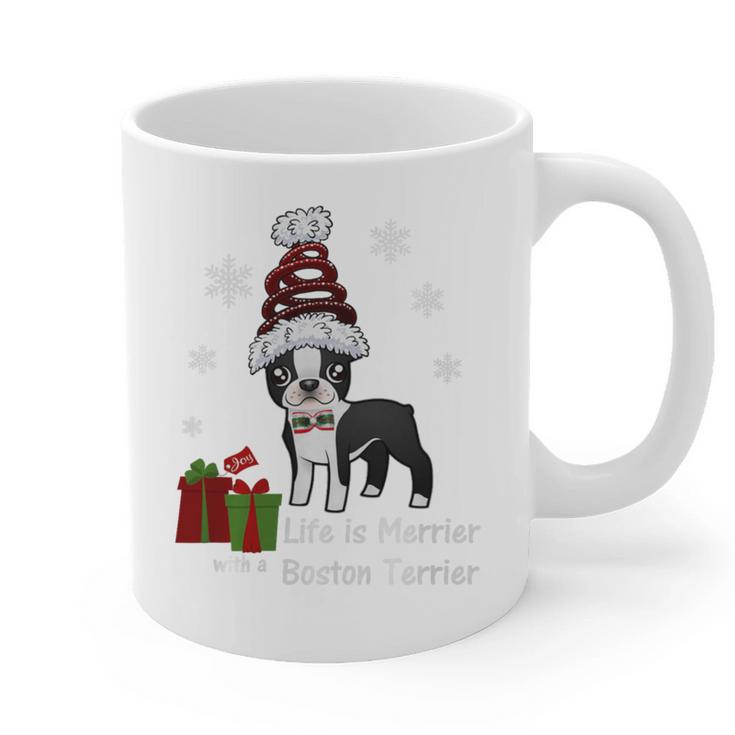 Boston Terrier Christmas T Shirt-Life Is Merrier Premium Tri-Blend Graphic Print Coffee Mug