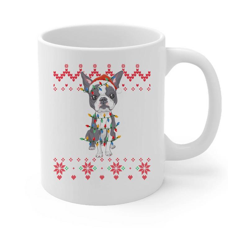 Boston Terrier Dog Santa Hat Men Kids Ugly Christmas Light Graphic Print Coffee Mug, Boston Terrier Christmas Gifts, trending gift