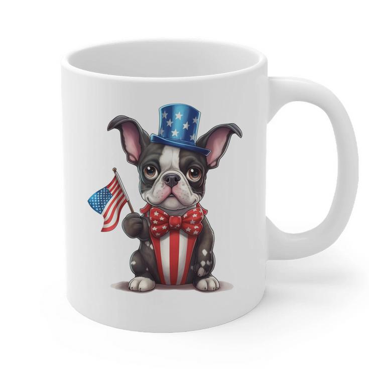 Boston Terrier Puppy Dog Holds His American Flag 4th Of July Graphic Print Coffee Mug