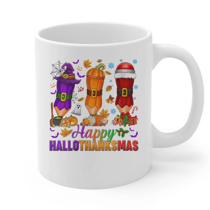 Happy Hallothanksmas Halloween Thanksgiving Pencils Teachers Graphic Print Coffee Mug