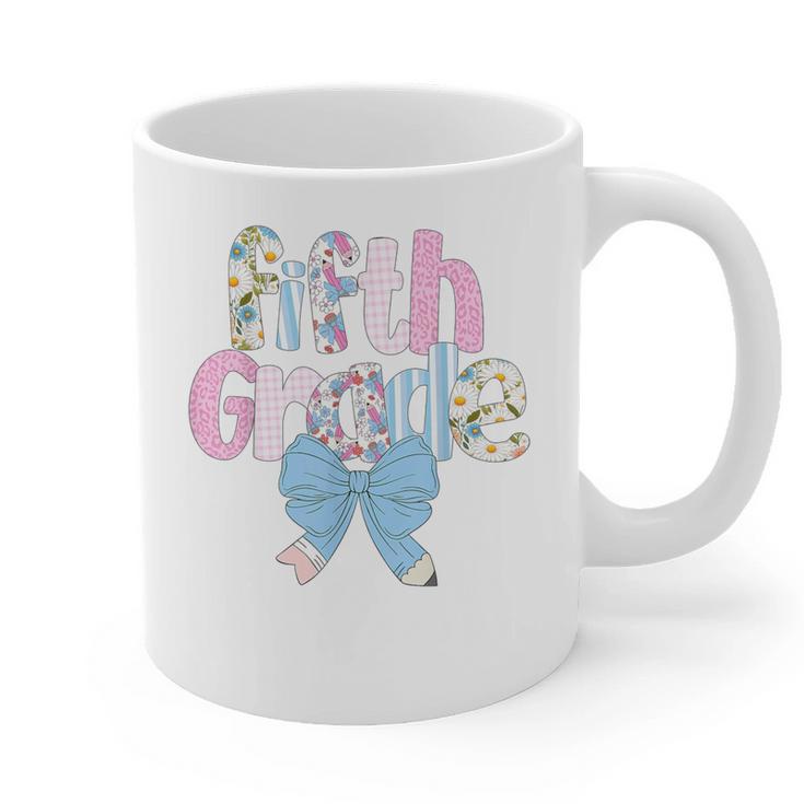 Preppy Fifth Grade Teacher Blue Floral Coquette Pencil Bow Graphic Print Coffee Mug