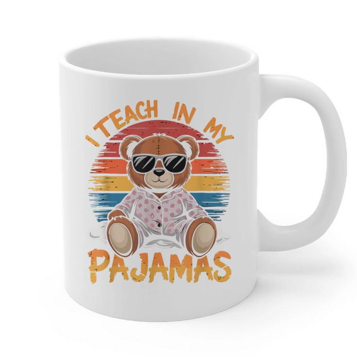 I Teach In My Pajamas Teacher Sunset Bear Retro Graphic Print Coffee Mug