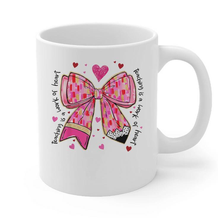Teaching Is A Work Of Heart Pencil Bow Teacher Valentine Graphic Print Coffee Mug