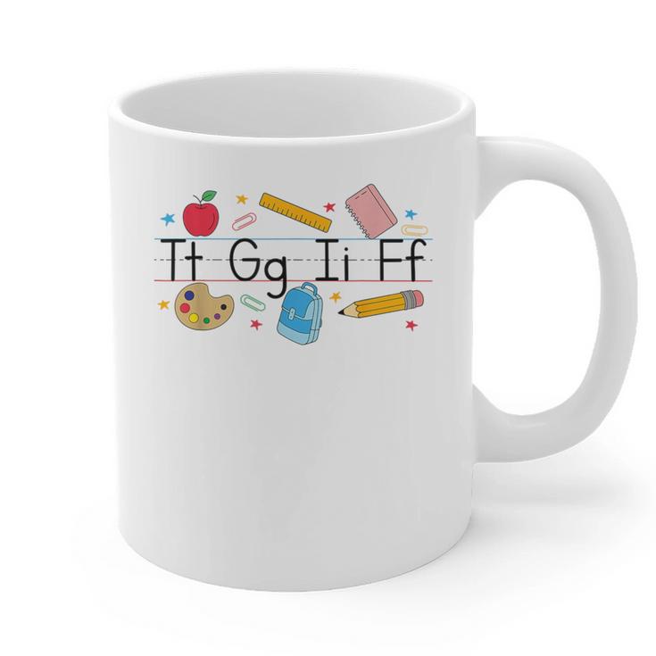 TGIF Teacher Alphabet Kindergarten Teacher Appreciation Graphic Print Coffee Mug