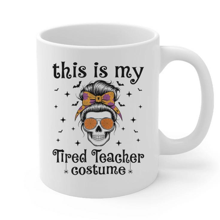 This Is My Tired Teacher Costume Skull Halloween Messy Bun Graphic Print Coffee Mug
