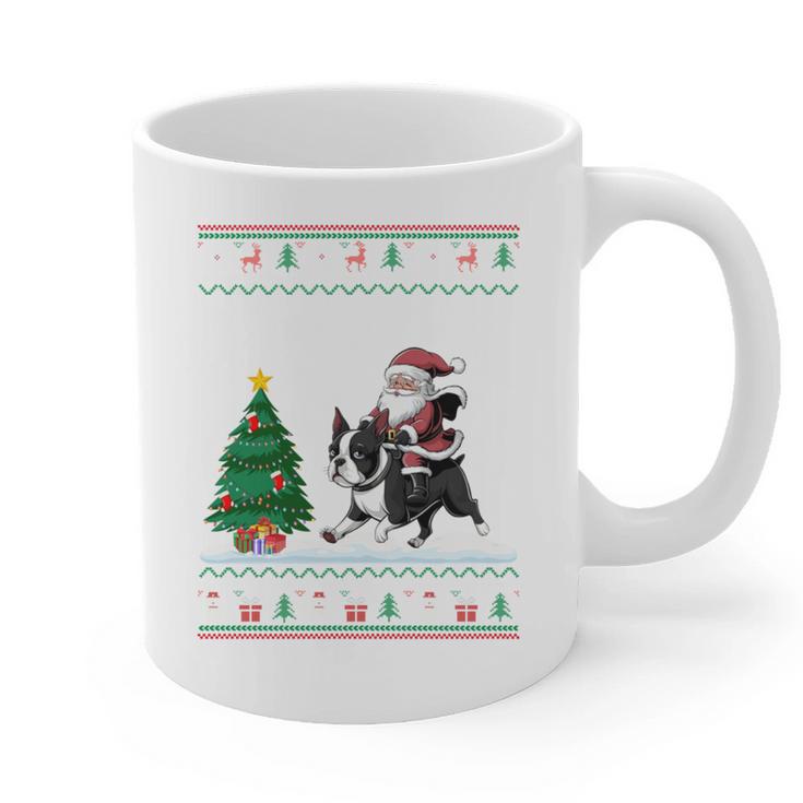 Ugly Christmas Tree Lights Xmas Santa Riding Boston Terrier Graphic Print Coffee Mug