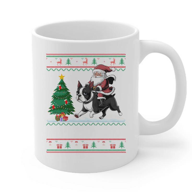 Xmas Tree Lighting Santa Riding Boston Terrier Christmas Graphic Print Coffee Mug