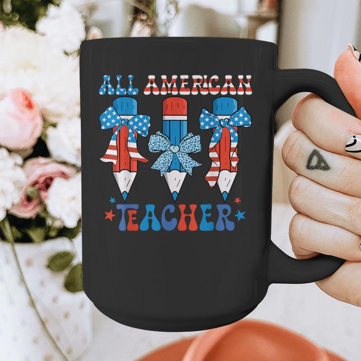 All American Teacher Pencil Coquette Bow USA Flag Teachers Graphic Print Coffee Mug, funny design