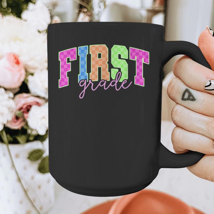 Back To School Neon Checkered First Grade Colorful Teacher Graphic Print Coffee Mug, First Grade Teacher Gifts, funny design