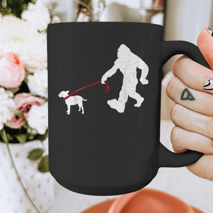 Bigfoot Walking With Bull Terrier Dog Graphic Print Coffee Mug, funny design