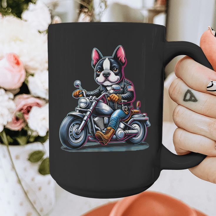 Biker Boston Terrier Dog Riding Motorbike Graphic Print Coffee Mug, Boston Terrier Riding Gifts, funny design